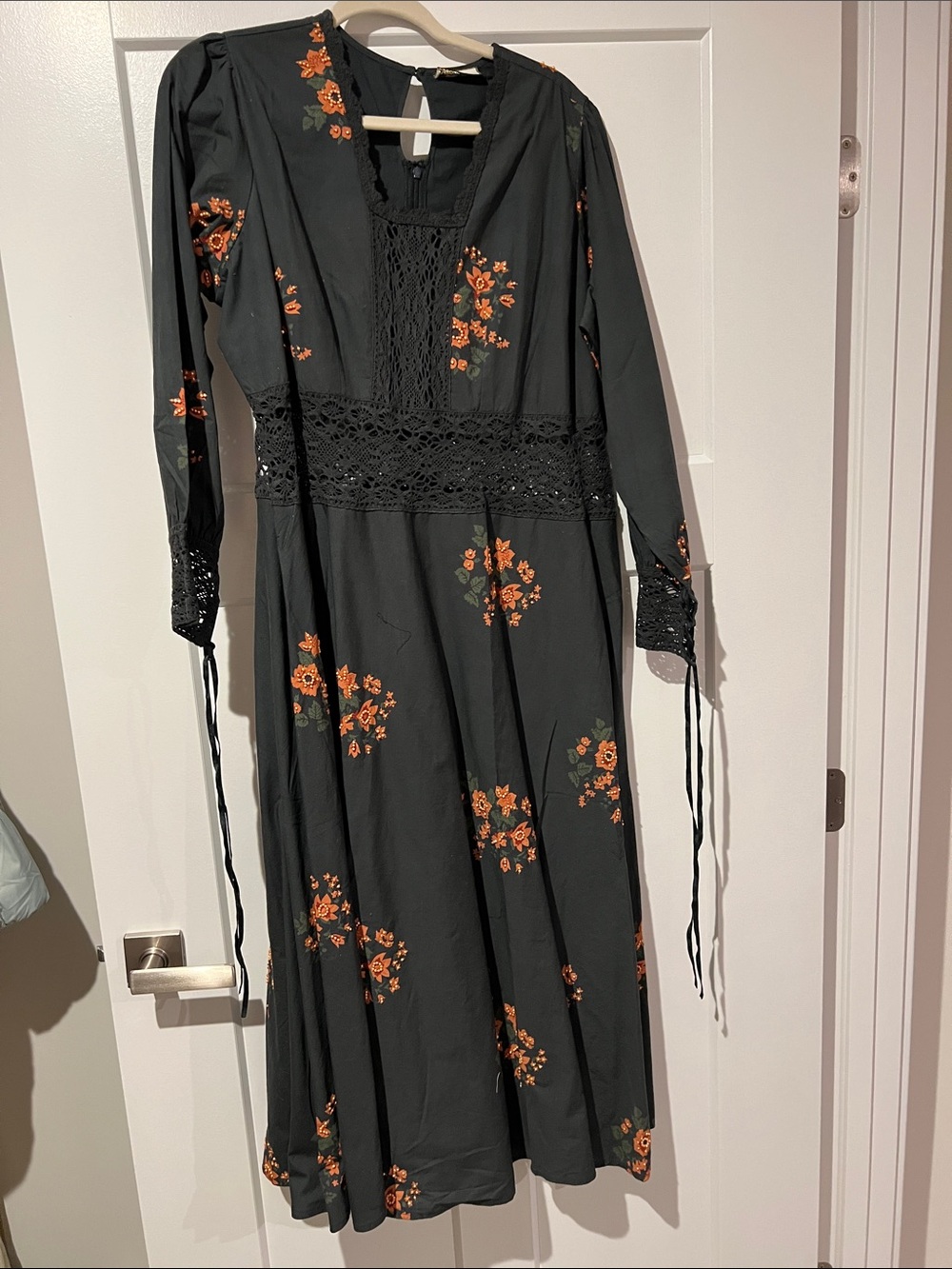 Black Maxi Dress with Orange Floral Print and Crochet Waist